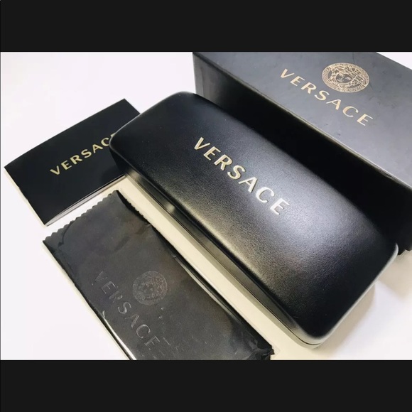 Versace Authentic Hard Sunglass Eyeglass Case Cleaning Cloth Black Leather - Picture 3 of 3